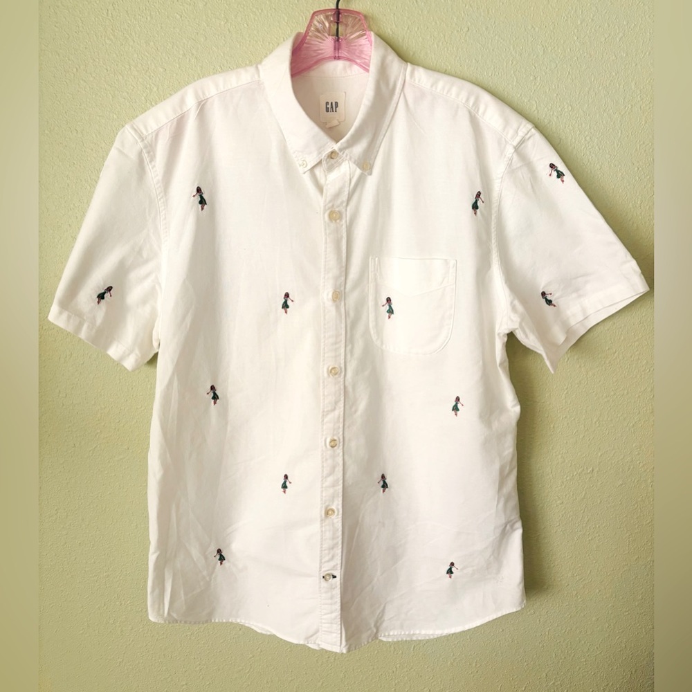 🌺RARE!! GAP S/S Oxford White Shirt w/ Hula Girl Embroidered Accents Size L